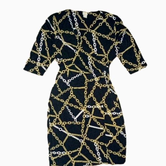 Chico's Black Gold Pattern Wrap Dress - Picture 2 of 5